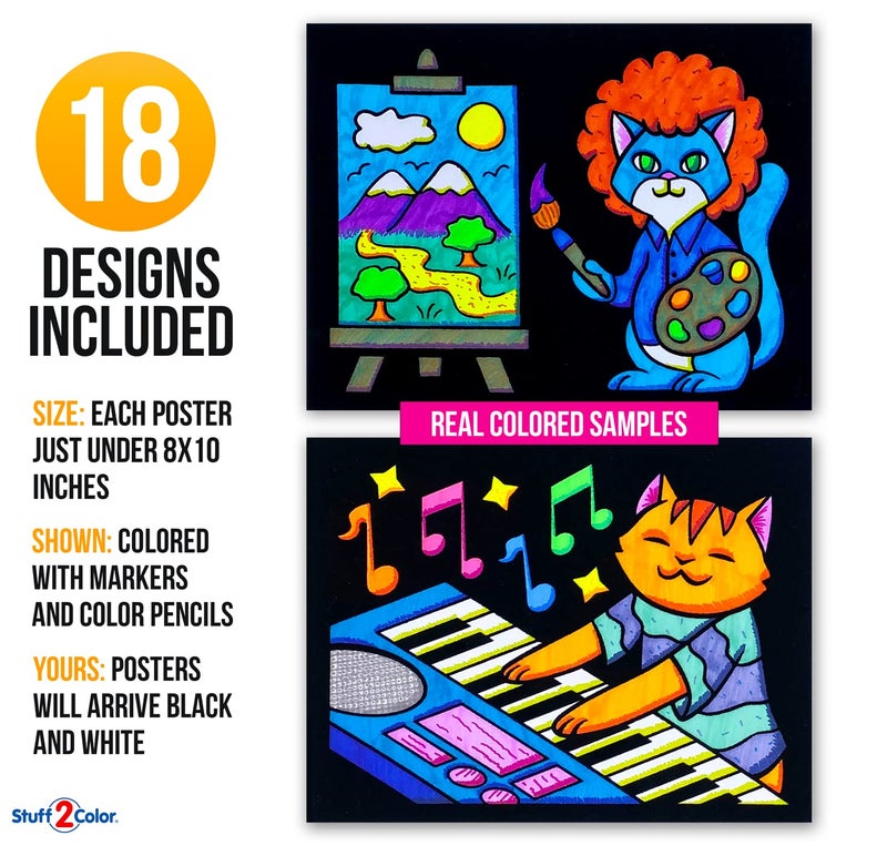 Stuff2Color Super Pack of 18 Fuzzy Coloring Posters (Silly Kitties Edition) - Arts & Crafts for Kids, Toddlers, Girls, Boys & Adults - Great for Family Fun Activities or Coloring with Friends (1 Pack) - Image 2